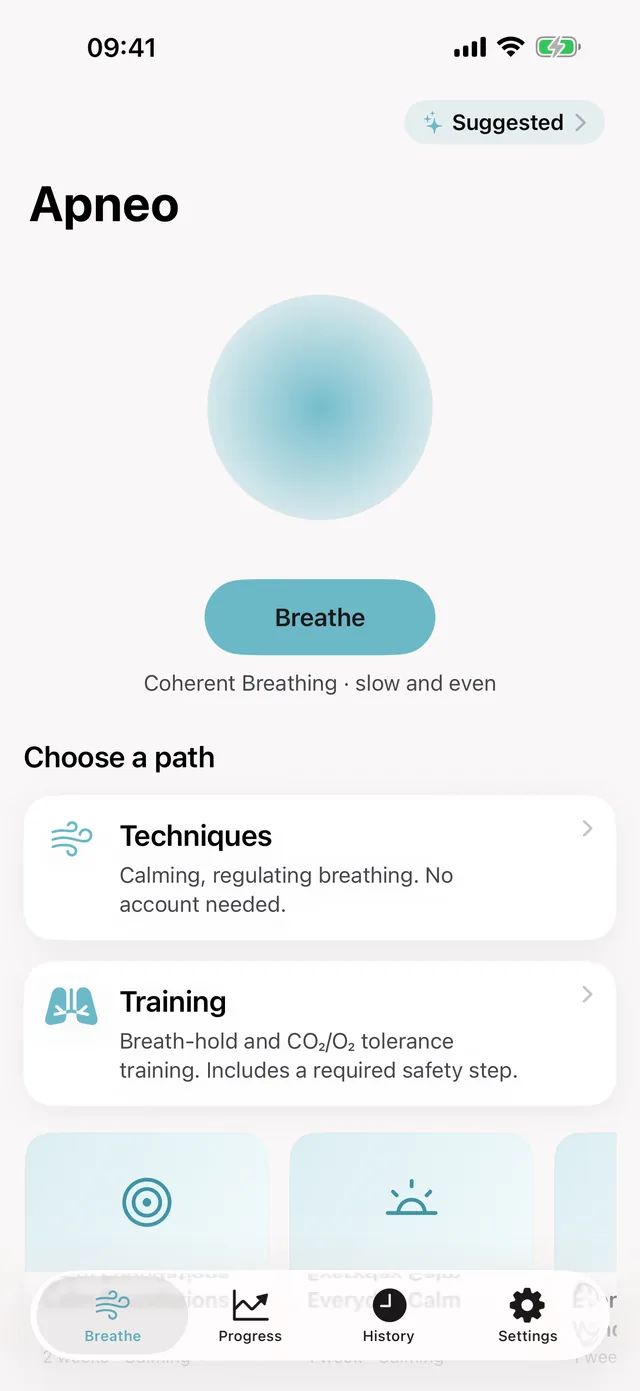 Apneo’s Breathe tab: a large breathing orb with a Breathe button, and cards for Techniques and Training.