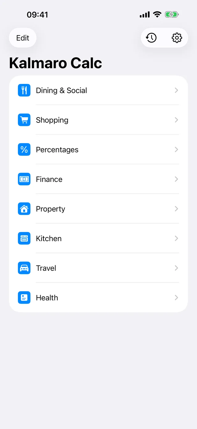 The Kalmaro Calc main menu, listing its eight categories of calculator.