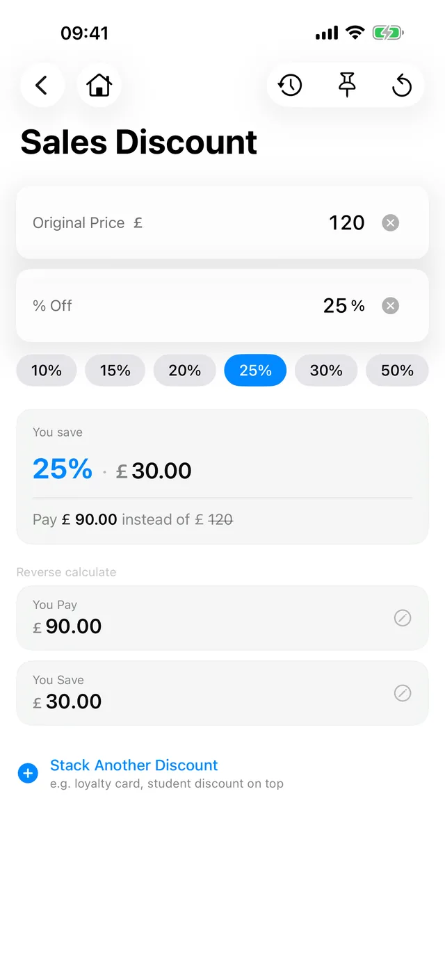 Working out a sale discount in Kalmaro Calc.