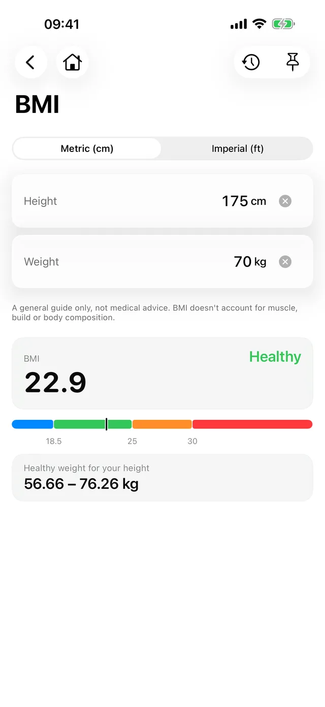 The BMI calculator in Kalmaro Calc, worked out from a typed-in height and weight.