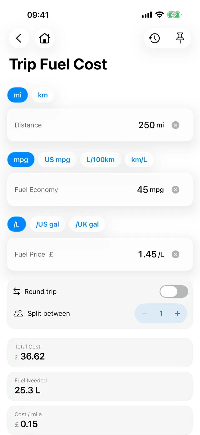Working out the fuel cost of a journey in Kalmaro Calc.