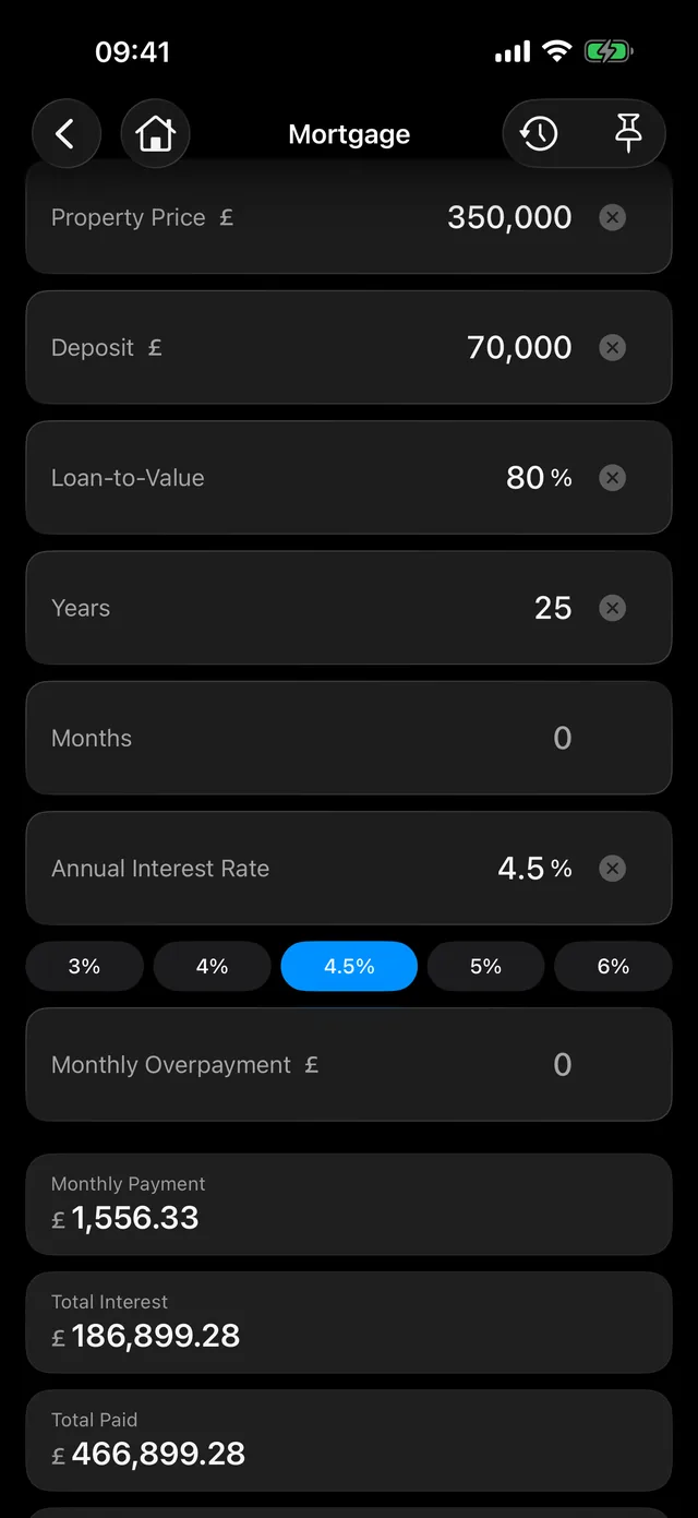 The mortgage calculator in Kalmaro Calc, in dark mode.