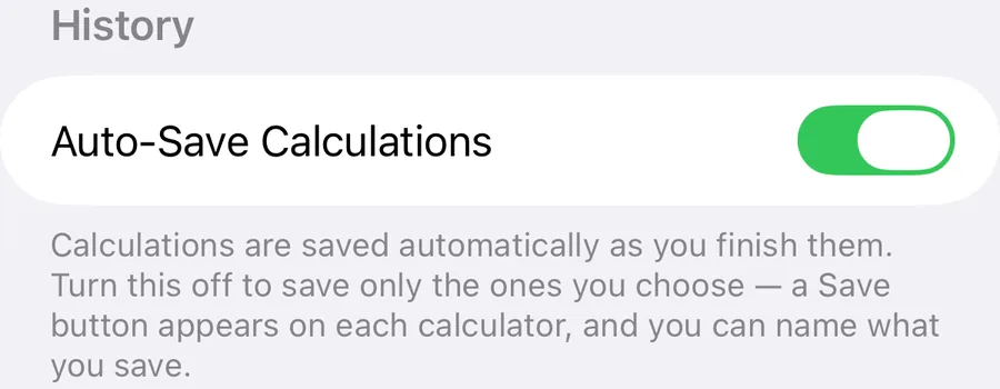 A close-up of the Auto-Save Calculations switch in Kalmaro Calc, with the note explaining that turning it off adds a Save button to each calculator.