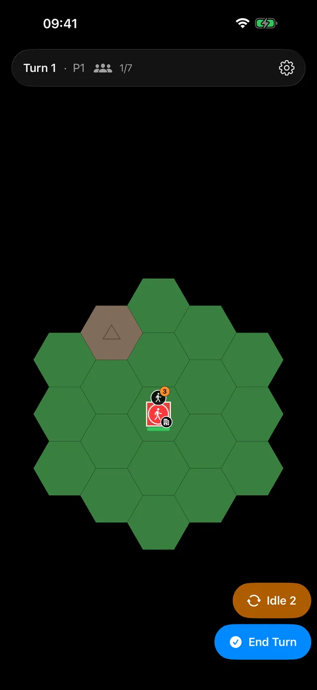 The board in Last Known: a hex map under fog of war, with only the explored ground visible.