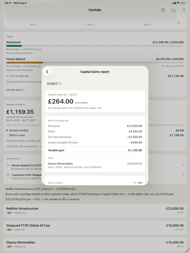 Capital gains and the losses register on iPad.