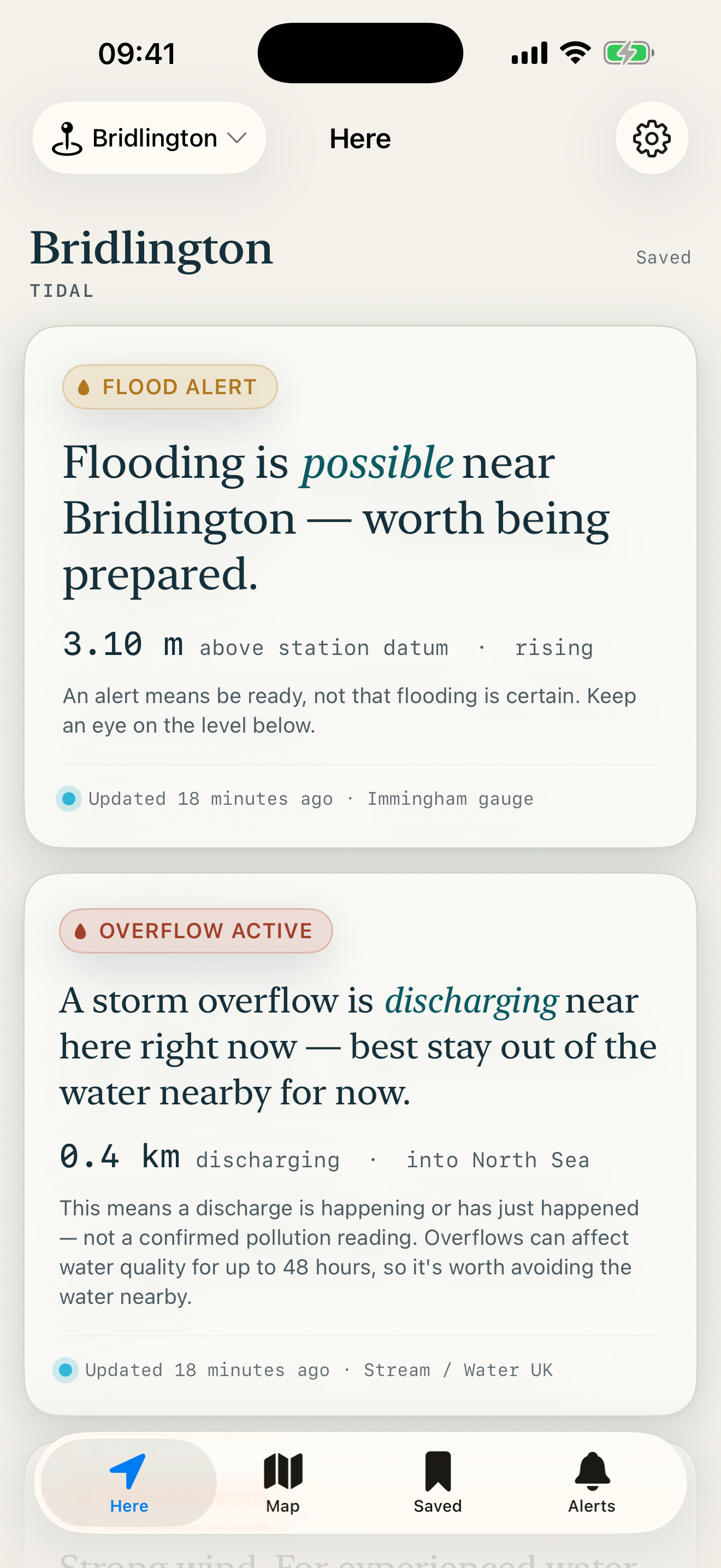 Skerry's glance for a spot: a flood-alert card and live storm-overflow status.