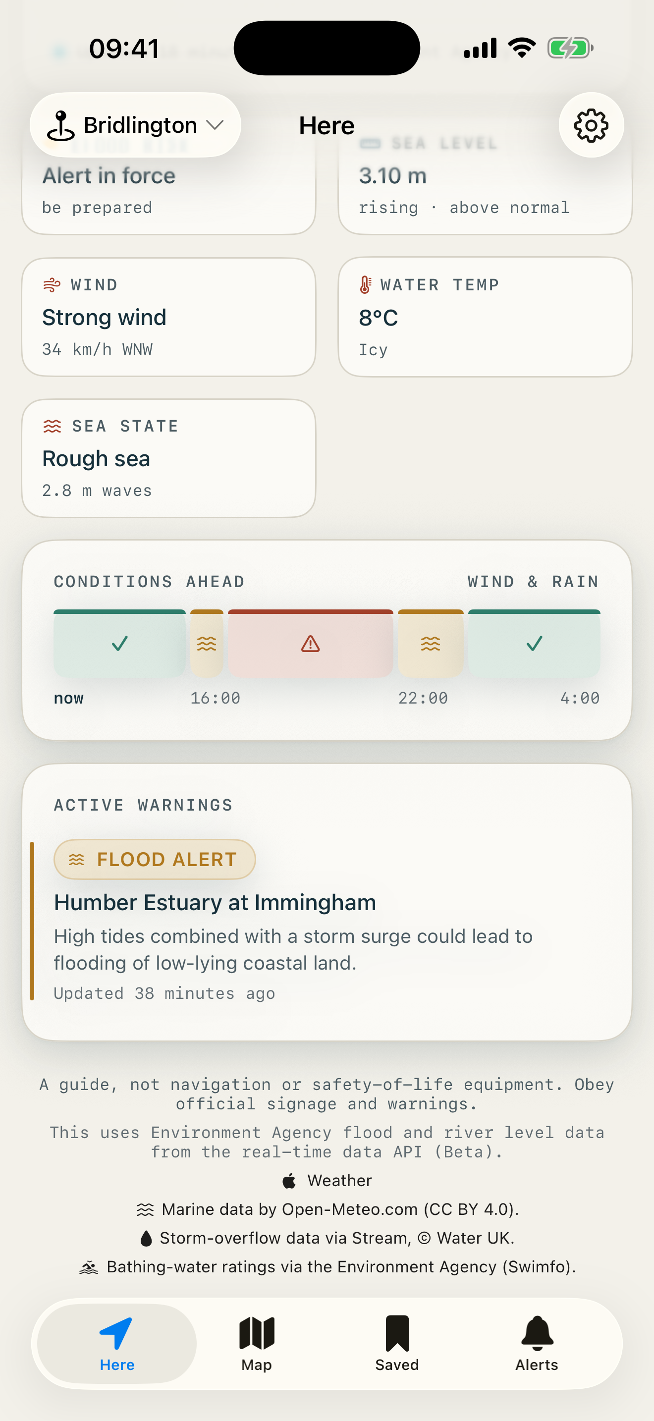 The conditions day rail, active warnings and data attributions in Skerry.