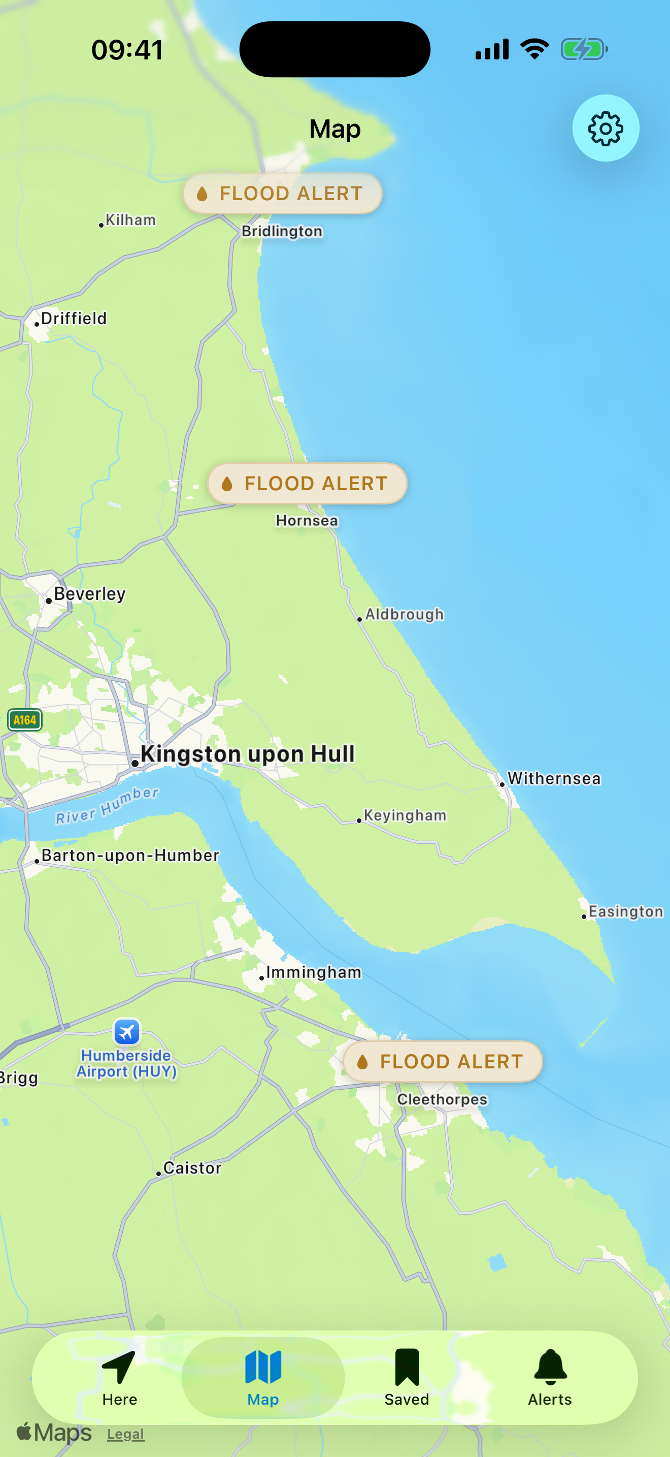 Your saved spots on a map, colour-coded by what is happening at each.