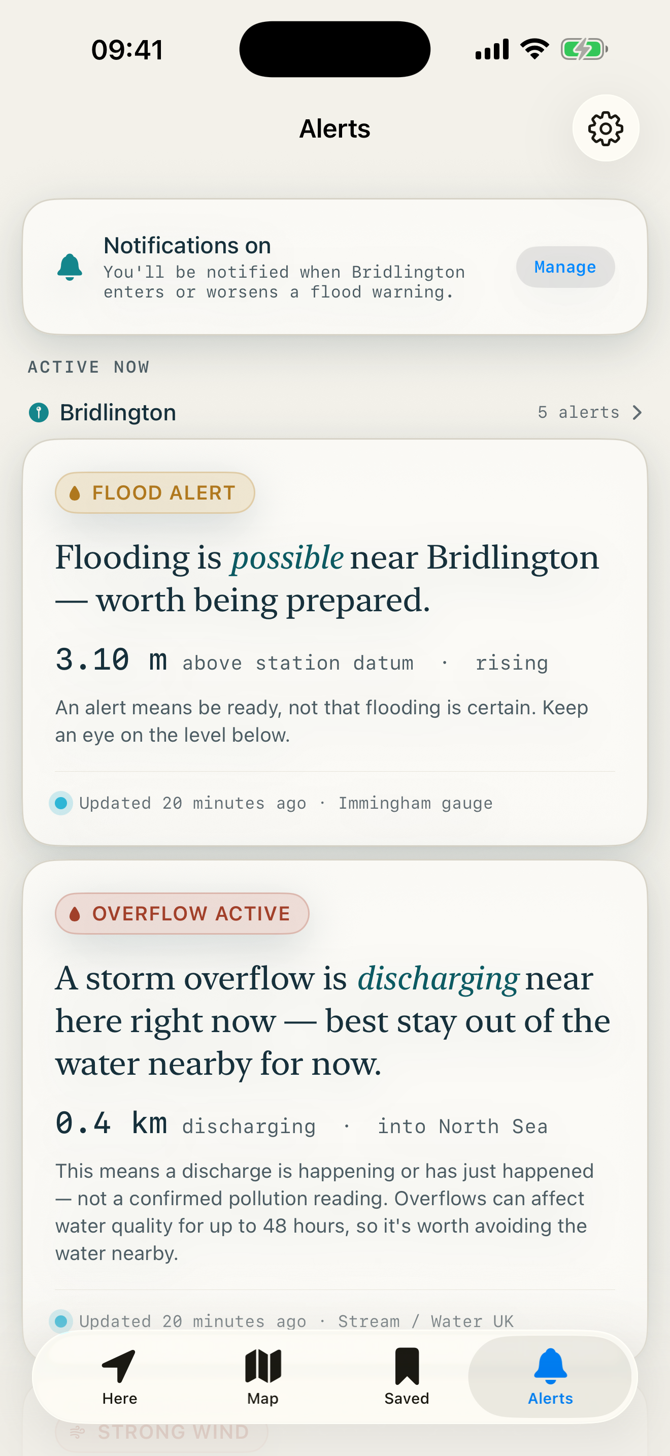 The alerts feed across all your saved spots, loudest first.