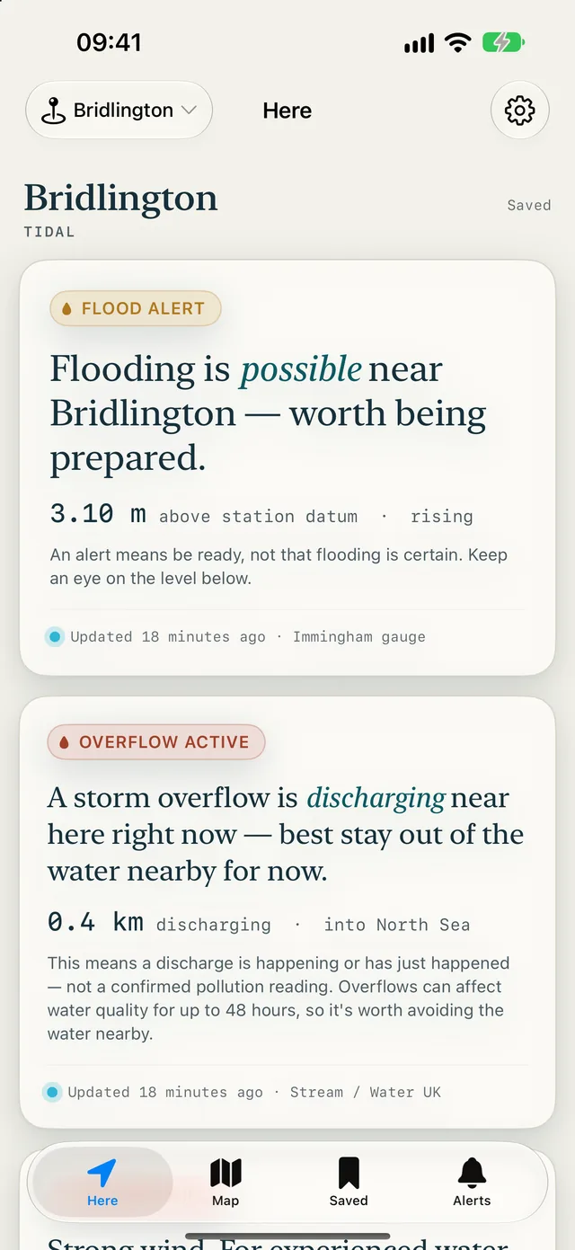 Skerry showing a flood alert and an active storm overflow near Bridlington, each written as a plain sentence.
