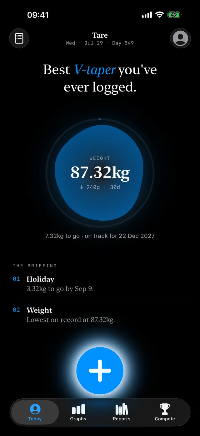 The Tare Today screen in dark mode.