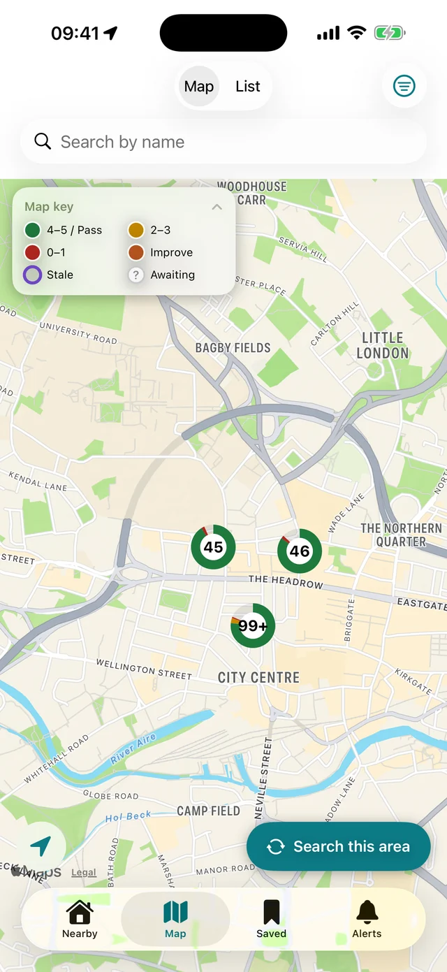 Food hygiene ratings on a map of nearby places in Vittly.